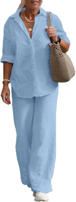 Women 2 Piece Cotton Linen Outfits Casual Loose Roll Sleeve Button Top Shirt High Waist Wide Leg Pants Sets