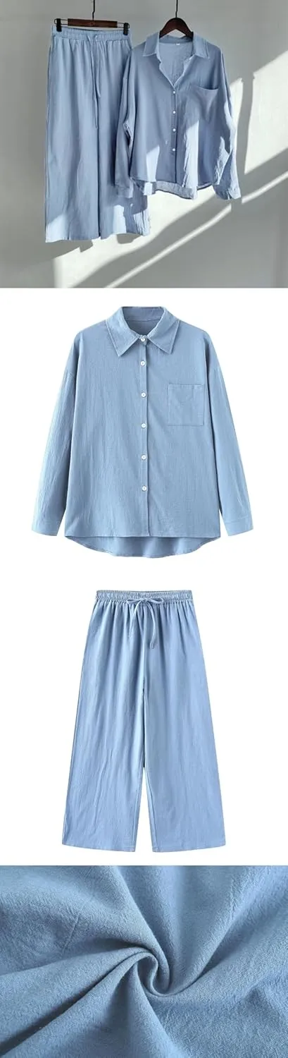 Women 2 Piece Cotton Linen Outfits Casual Loose Roll Sleeve Button Top Shirt High Waist Wide Leg Pants Sets