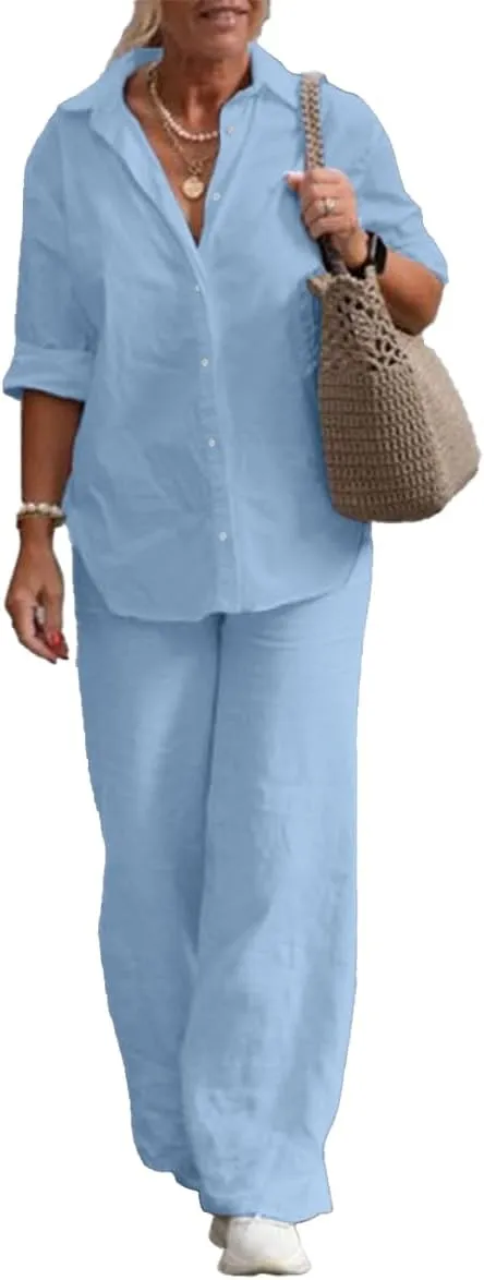 Women 2 Piece Cotton Linen Outfits Casual Loose Roll Sleeve Button Top Shirt High Waist Wide Leg Pants Sets