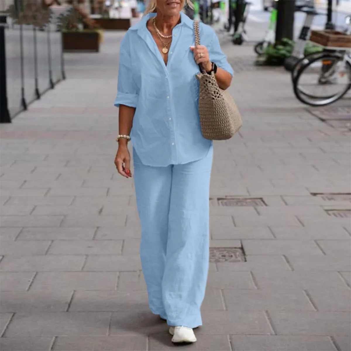 Women 2 Piece Cotton Linen Outfits Casual Loose Roll Sleeve Button Top Shirt High Waist Wide Leg Pants Sets