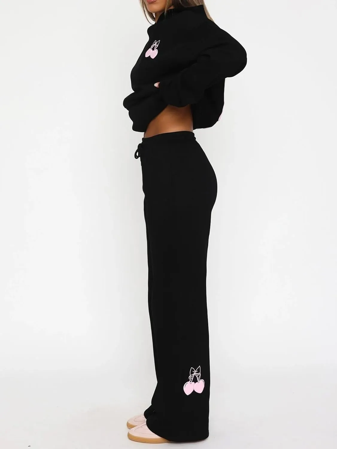 Women 2 Piece Outfits Bow Print Long Sleeve Oversized Sweatshirt Hoodies Baggy Wide Leg Sweatpants Fall Sweatsuits
