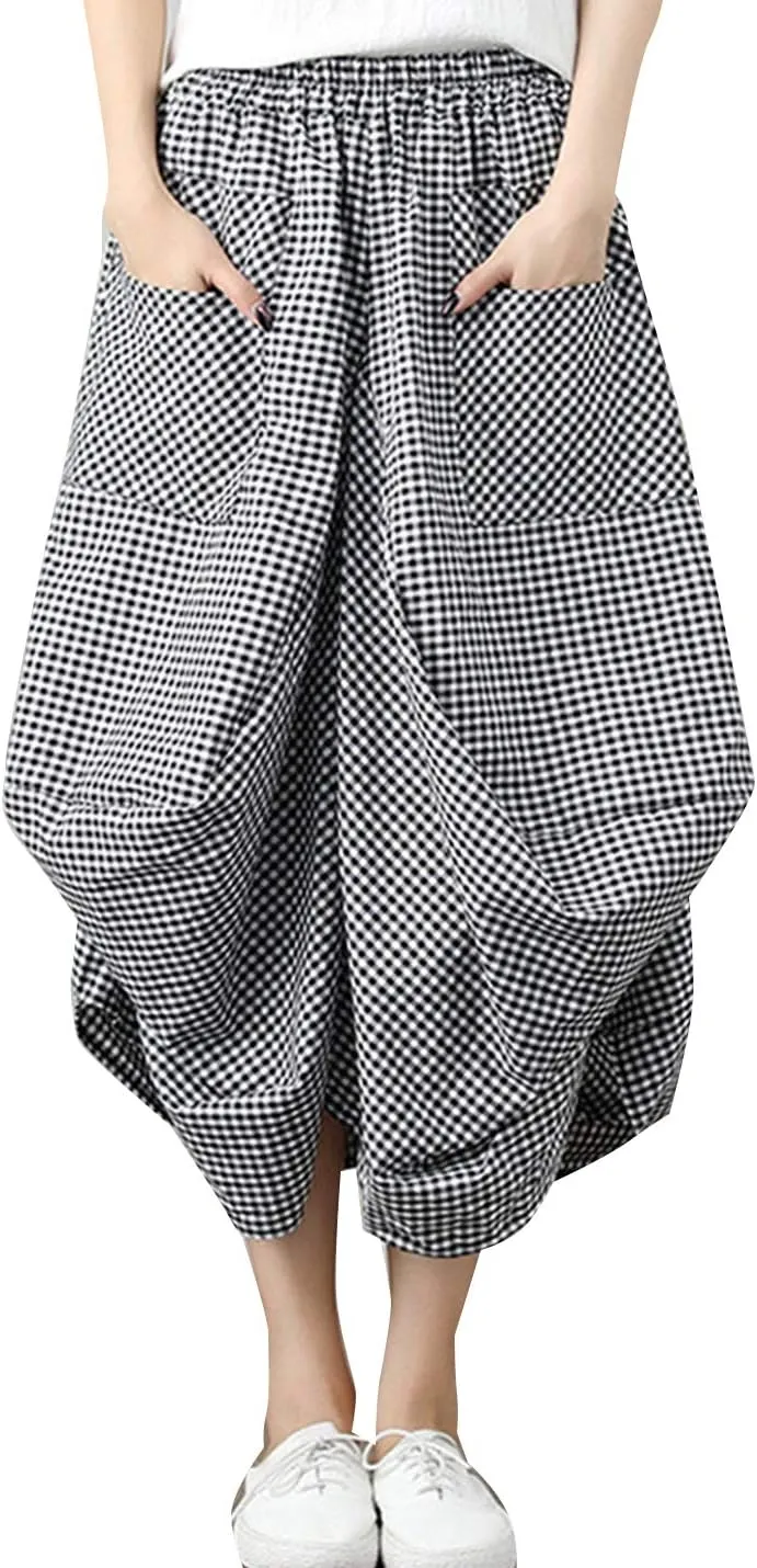 Women Casual Skirts Vintage Linen Cotton High Waisted Summer Midi Skirt