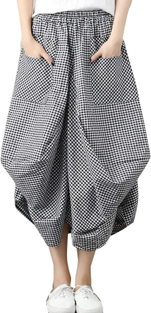 Women Casual Skirts Vintage Linen Cotton High Waisted Summer Midi Skirt