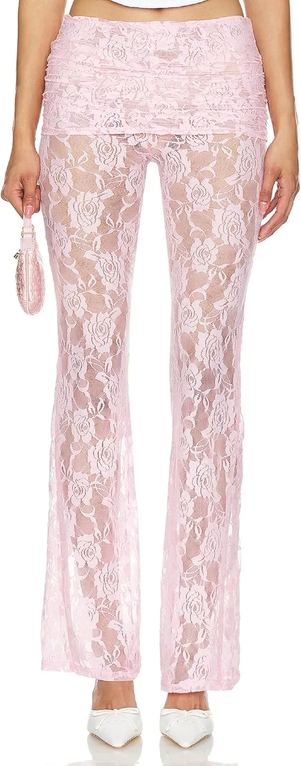 Women Floral Lace Bell Pants Sexy See Through Lace Pants Sheer Mesh Bottom Y2k High Waist Cover Up Trousers