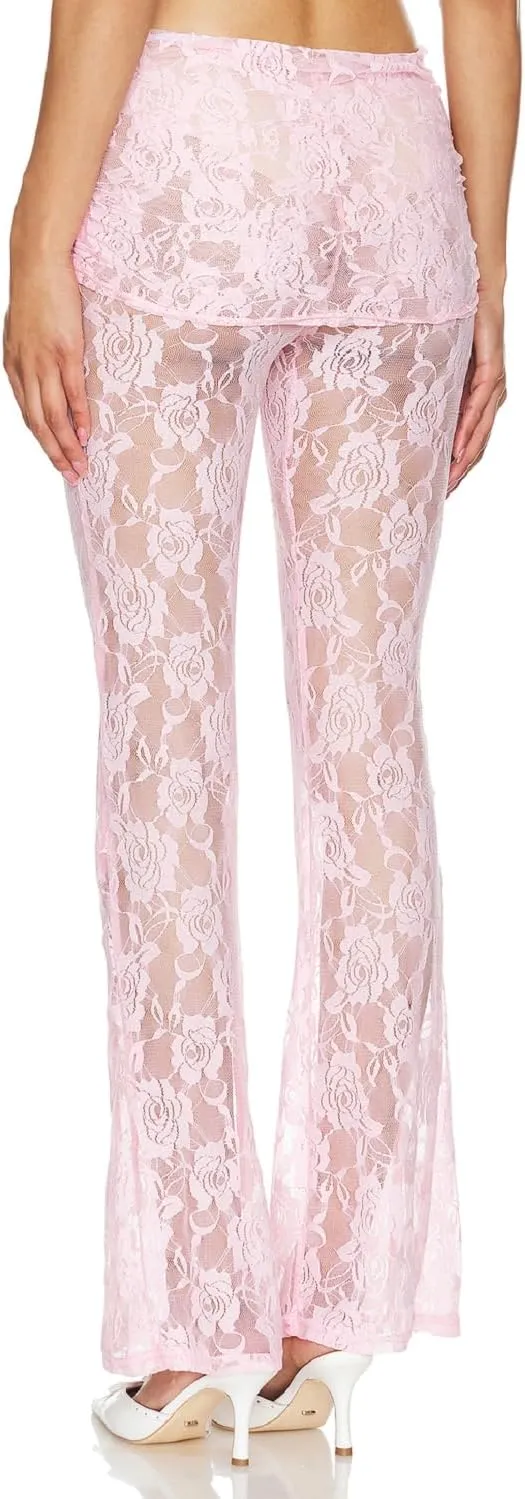 Women Floral Lace Bell Pants Sexy See Through Lace Pants Sheer Mesh Bottom Y2k High Waist Cover Up Trousers