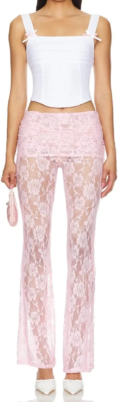 Women Floral Lace Bell Pants Sexy See Through Lace Pants Sheer Mesh Bottom Y2k High Waist Cover Up Trousers
