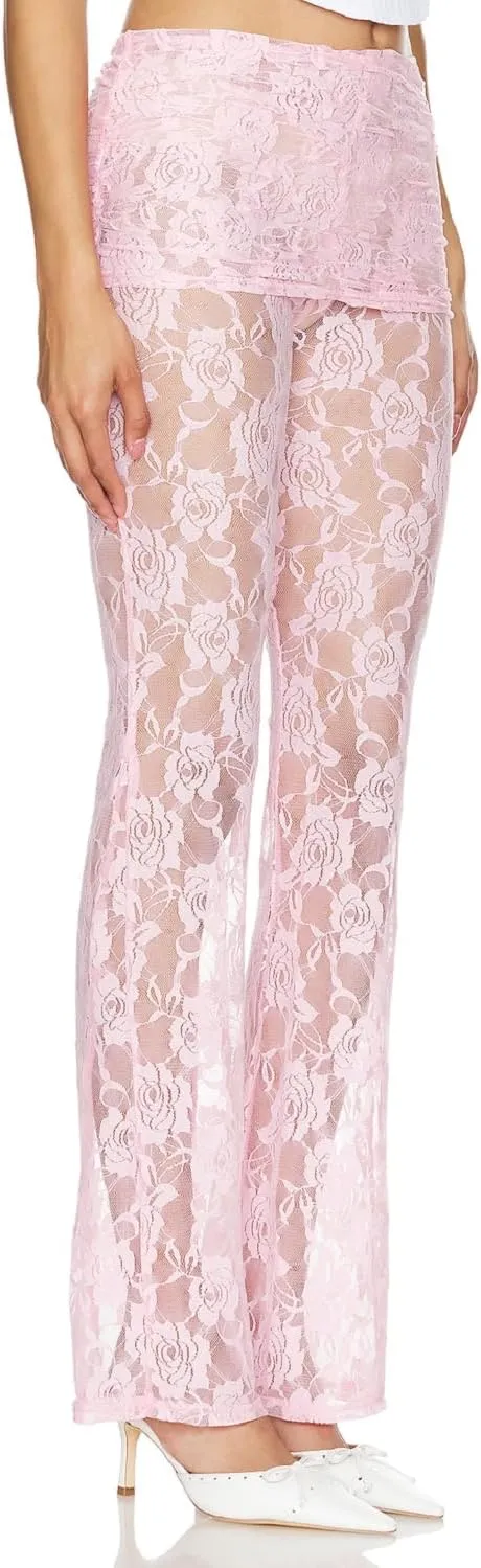 Women Floral Lace Bell Pants Sexy See Through Lace Pants Sheer Mesh Bottom Y2k High Waist Cover Up Trousers