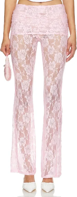 Women Floral Lace Bell Pants Sexy See Through Lace Pants Sheer Mesh Bottom Y2k High Waist Cover Up Trousers