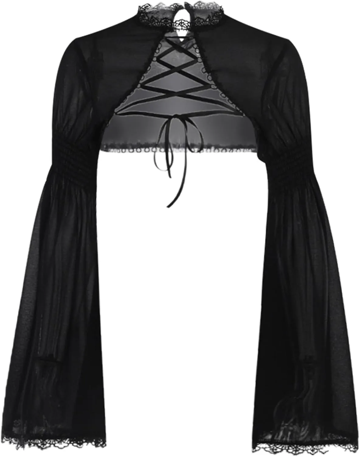 Women Gothic Crop Top Shirt Y2K Black Bell Sleeve Shawl Cardigan Punk Bolero Shrug