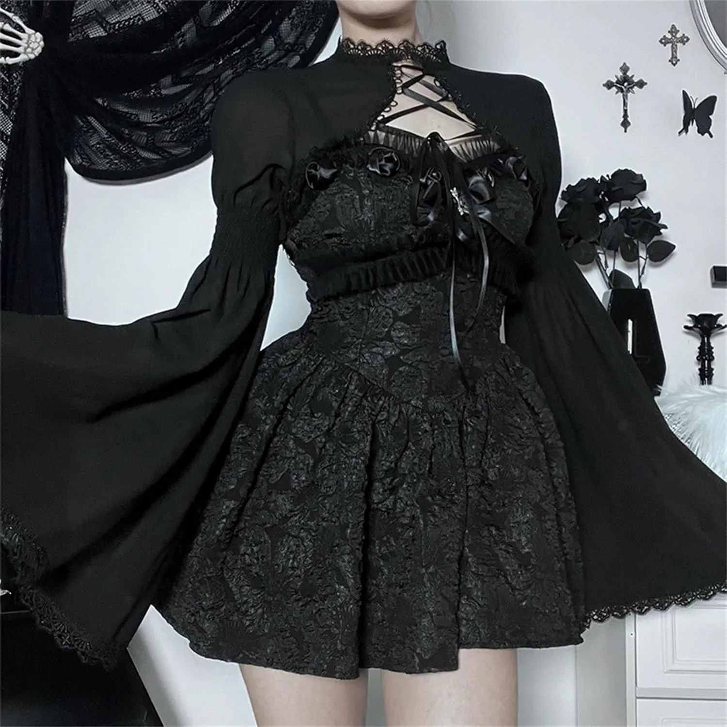 Women Gothic Crop Top Shirt Y2K Black Bell Sleeve Shawl Cardigan Punk Bolero Shrug