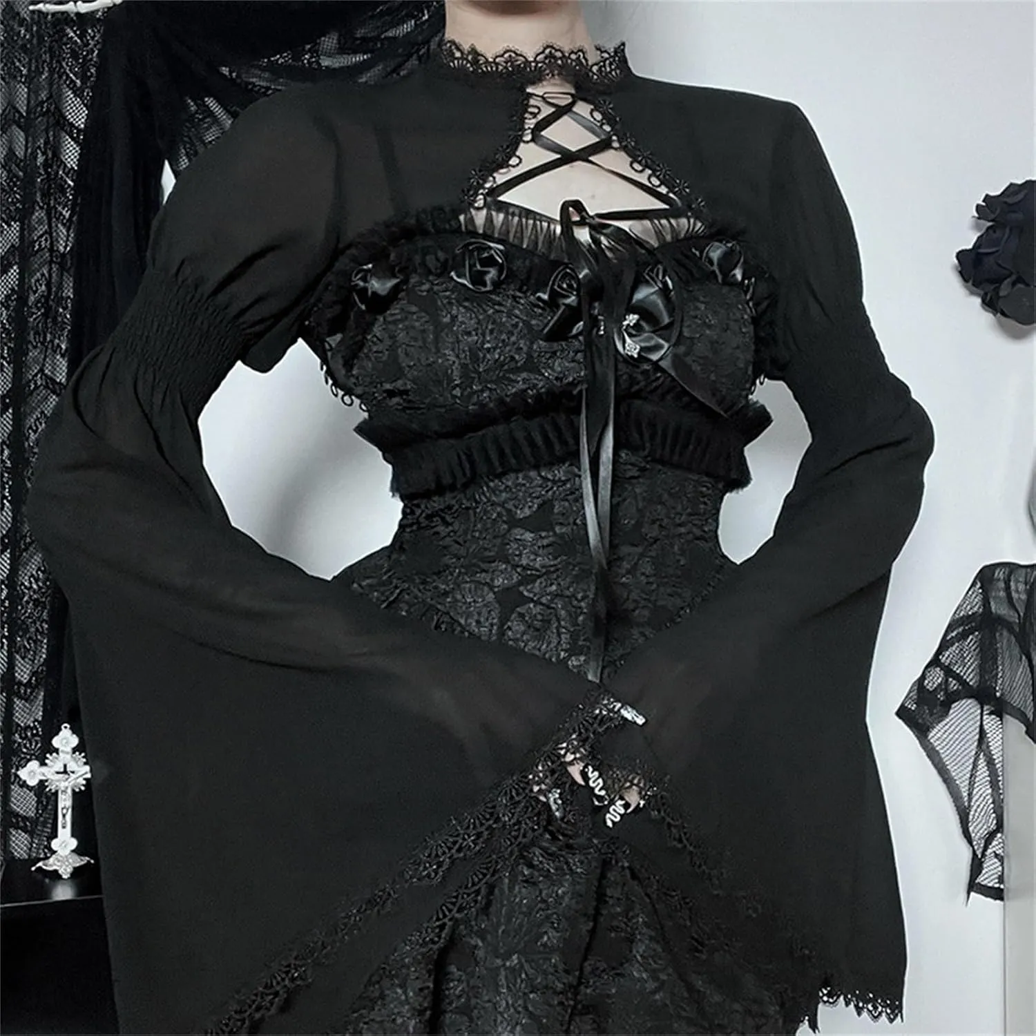 Women Gothic Crop Top Shirt Y2K Black Bell Sleeve Shawl Cardigan Punk Bolero Shrug