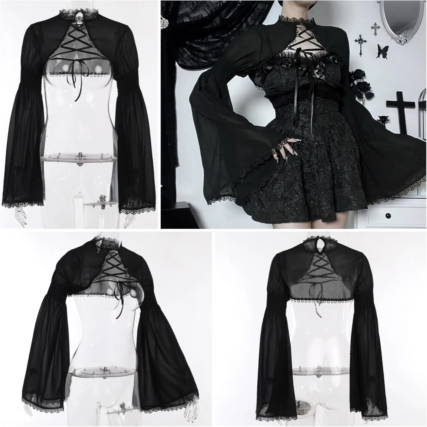 Women Gothic Crop Top Shirt Y2K Black Bell Sleeve Shawl Cardigan Punk Bolero Shrug