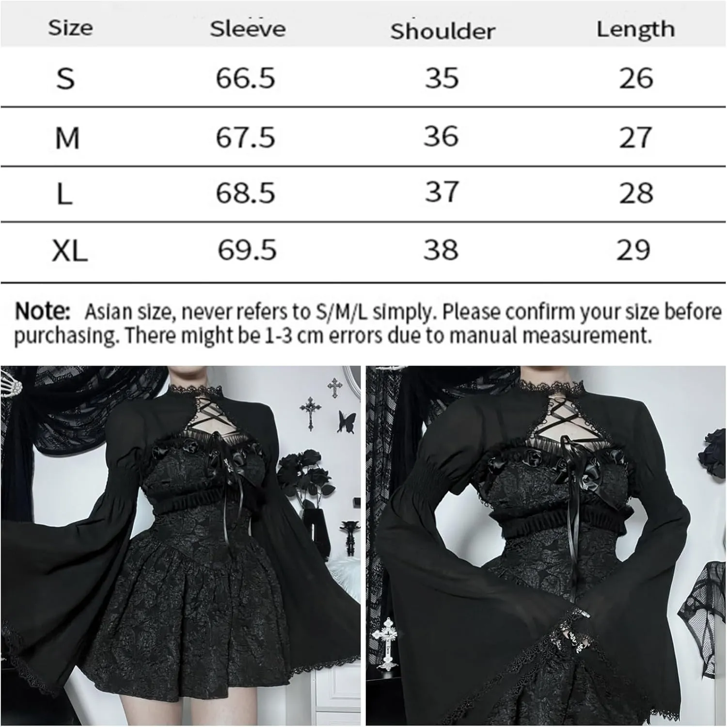 Women Gothic Crop Top Shirt Y2K Black Bell Sleeve Shawl Cardigan Punk Bolero Shrug