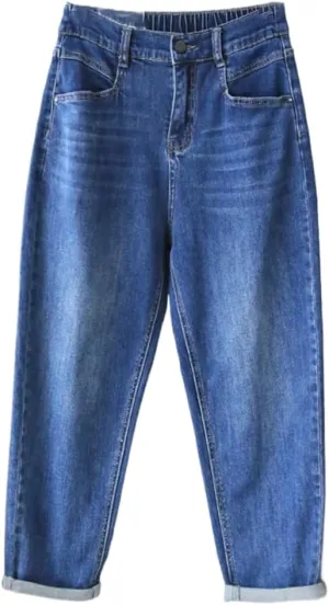 Women Jeans Spring Autumn Elastic Waist Blue Loose Denim Pants Harem Female Casual Trousers
