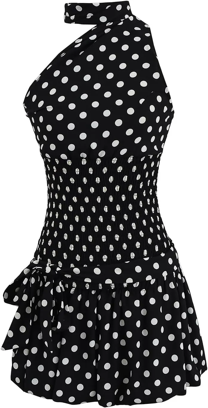 Women Polka Dot 2 Piece Outfits Skirt Sets Vintage Halter Neck Top and Ruffle Pleated Mini Skirt Y2k Summer Club Outfits