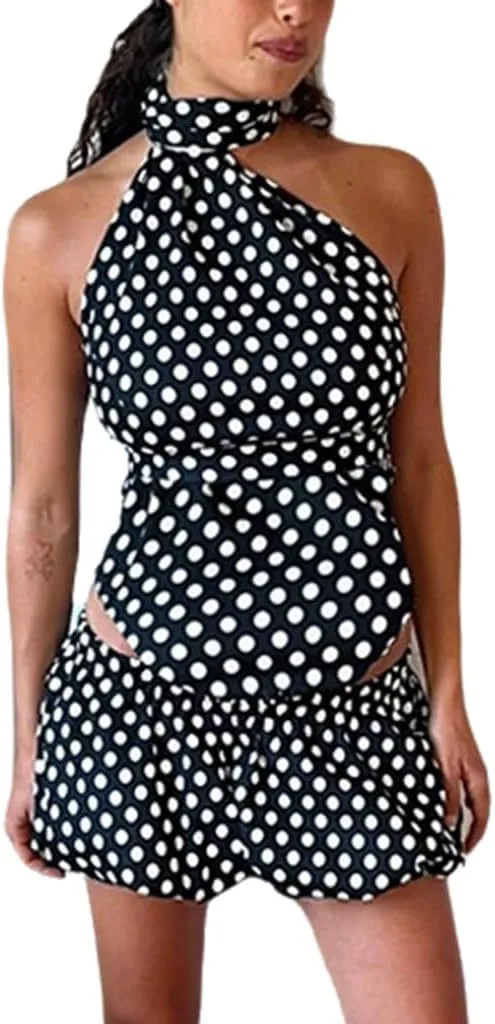 Women Polka Dot 2 Piece Outfits Skirt Sets Vintage Halter Neck Top and Ruffle Pleated Mini Skirt Y2k Summer Club Outfits