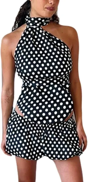 Women Polka Dot 2 Piece Outfits Skirt Sets Vintage Halter Neck Top and Ruffle Pleated Mini Skirt Y2k Summer Club Outfits