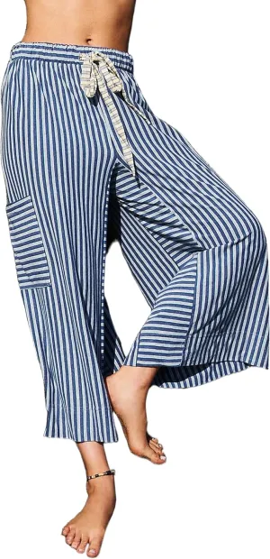 Women Striped High Waist Wide Leg Palazzo Pants Trousers Drawstring Cropped Pants with Pockets Capris Pants