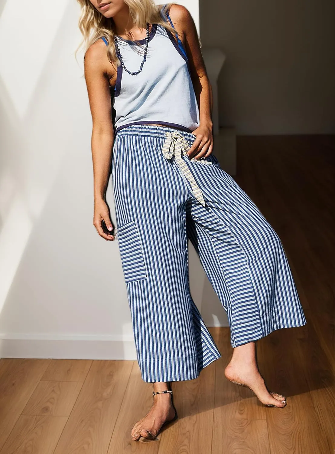 Women Striped High Waist Wide Leg Palazzo Pants Trousers Drawstring Cropped Pants with Pockets Capris Pants