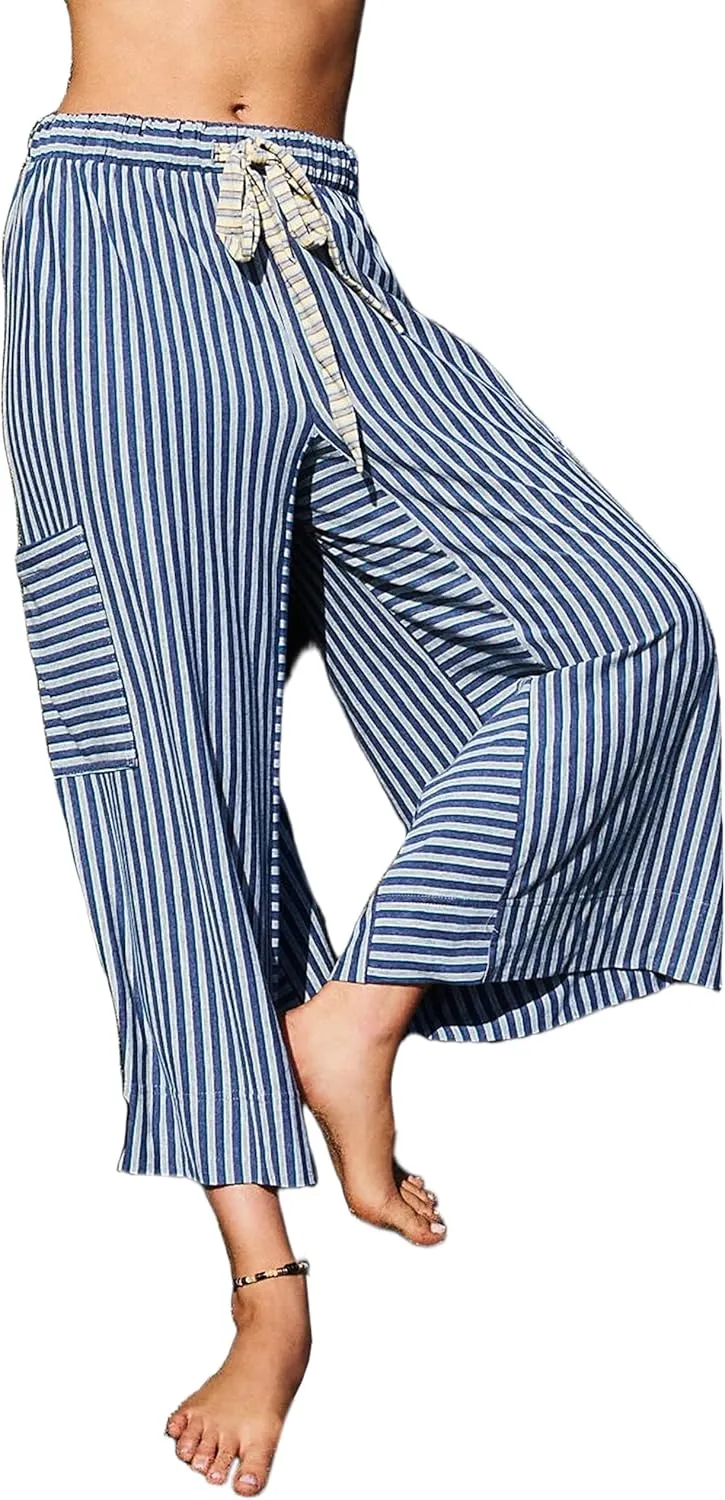 Women Striped High Waist Wide Leg Palazzo Pants Trousers Drawstring Cropped Pants with Pockets Capris Pants