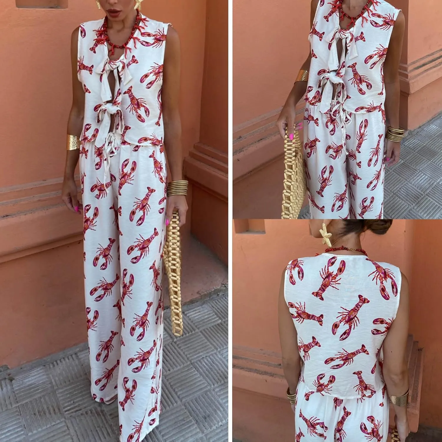 Women Y2k 2 Piece Tie Front Pajamas Set Sleeveless Lobster Print Lace Up Vest High Waist Pants Lounge Sets