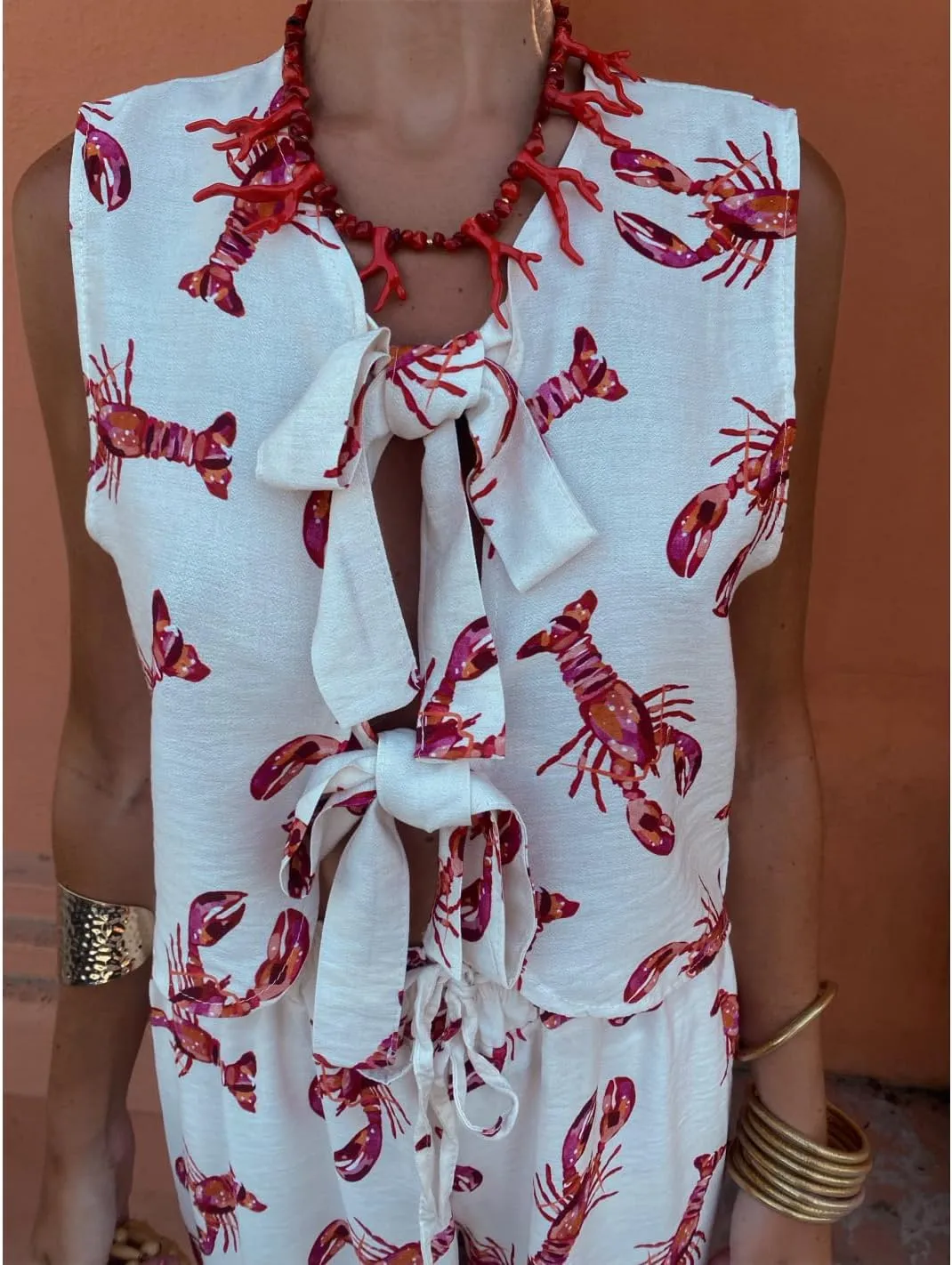 Women Y2k 2 Piece Tie Front Pajamas Set Sleeveless Lobster Print Lace Up Vest High Waist Pants Lounge Sets