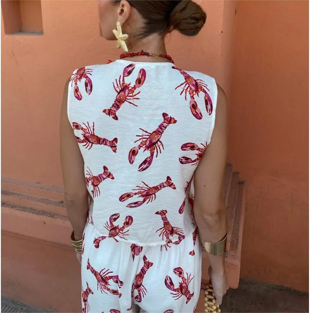 Women Y2k 2 Piece Tie Front Pajamas Set Sleeveless Lobster Print Lace Up Vest High Waist Pants Lounge Sets