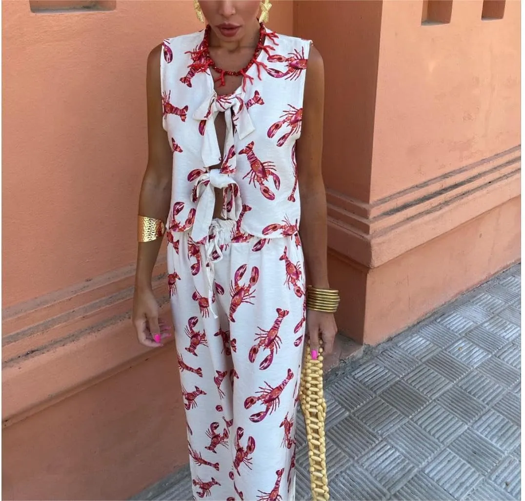 Women Y2k 2 Piece Tie Front Pajamas Set Sleeveless Lobster Print Lace Up Vest High Waist Pants Lounge Sets
