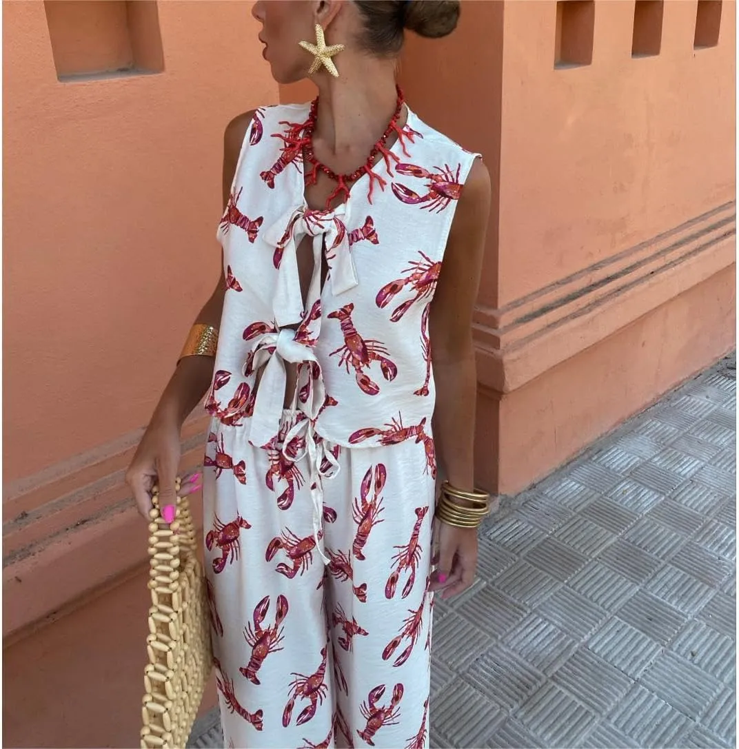 Women Y2k 2 Piece Tie Front Pajamas Set Sleeveless Lobster Print Lace Up Vest High Waist Pants Lounge Sets