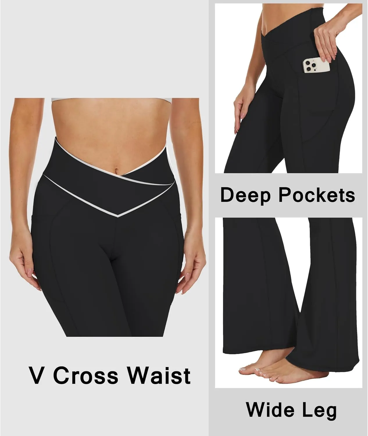 Womens 28"/30"/32"/34" Flare Crossover Leggings with Tummy Control, High Waist Wide Leg Yoga Pants with Pockets