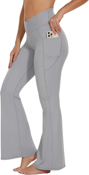 Womens 28"/30"/32"/34" Flare Crossover Leggings with Tummy Control, High Waist Wide Leg Yoga Pants with Pockets