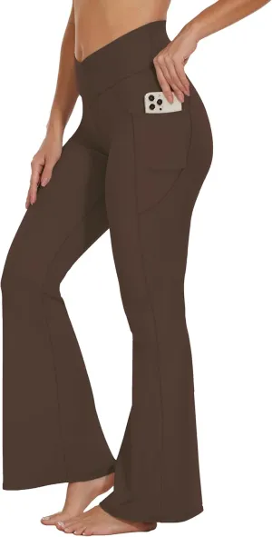 Womens 28"/30"/32"/34" Flare Crossover Leggings with Tummy Control, High Waist Wide Leg Yoga Pants with Pockets