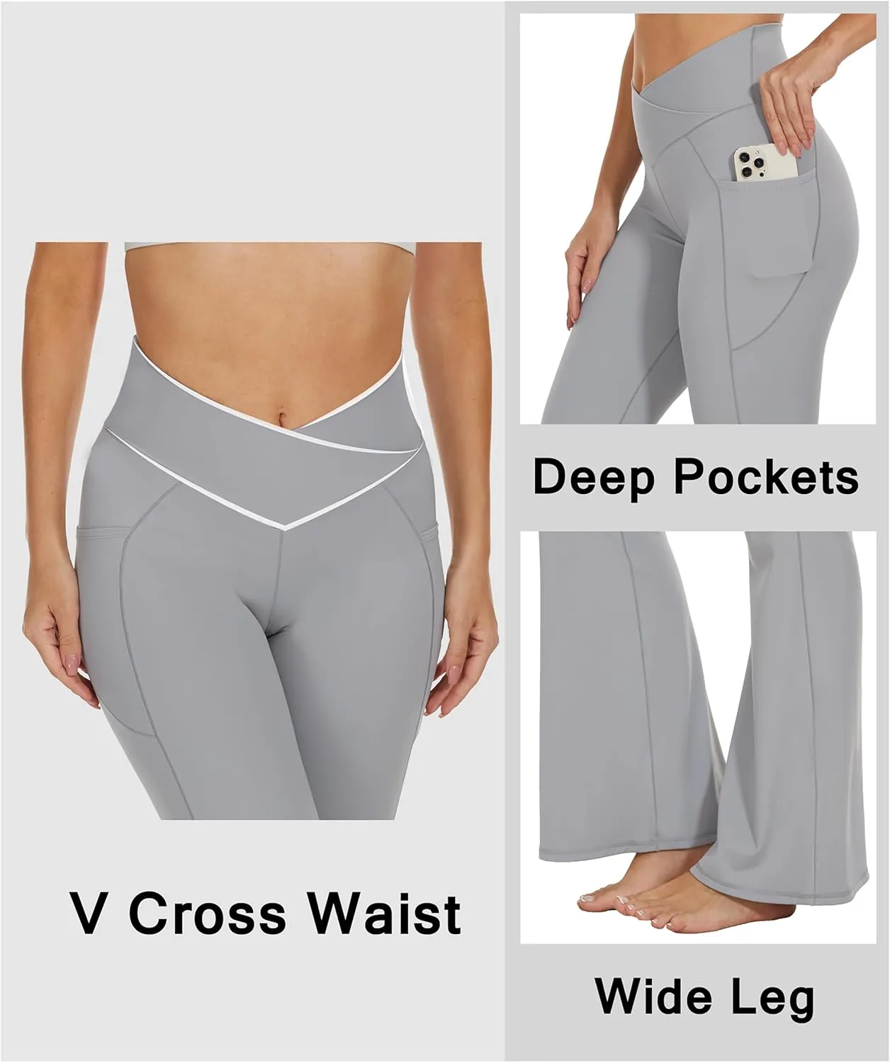 Womens 28"/30"/32"/34" Flare Crossover Leggings with Tummy Control, High Waist Wide Leg Yoga Pants with Pockets