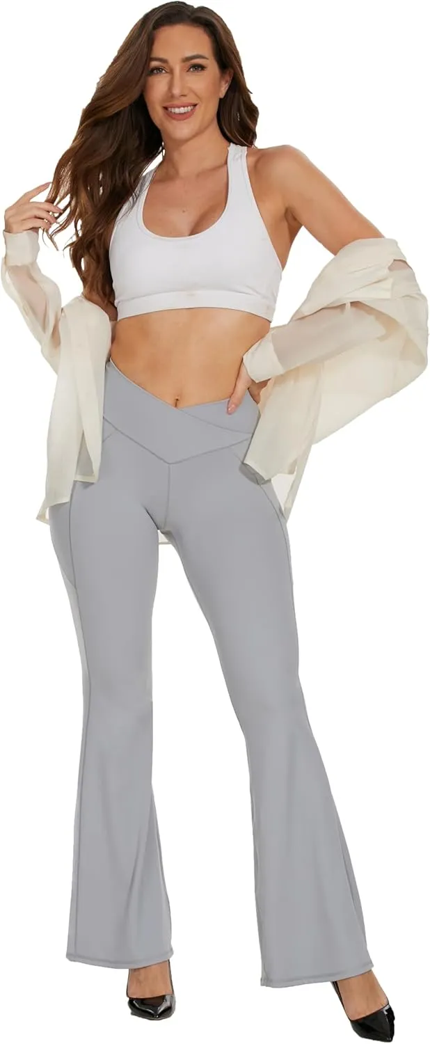 Womens 28"/30"/32"/34" Flare Crossover Leggings with Tummy Control, High Waist Wide Leg Yoga Pants with Pockets