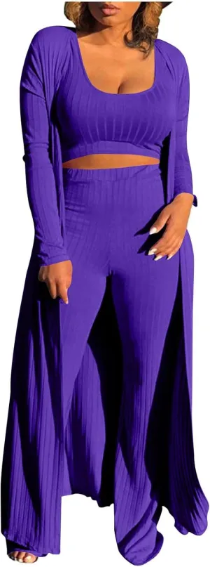 Women's 3 Piece Knit Lounge Set Pajama Long Sleeve Cardigan Sleeveless Top High Waist Pants Sweatsuit Loungewear