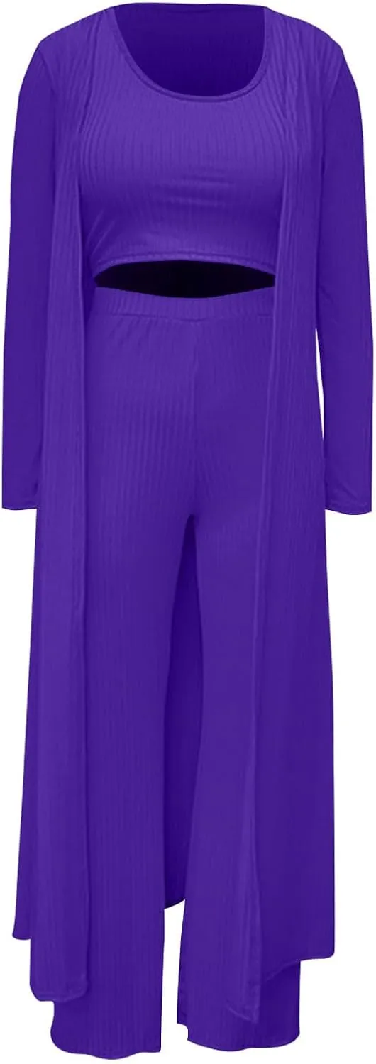 Women's 3 Piece Knit Lounge Set Pajama Long Sleeve Cardigan Sleeveless Top High Waist Pants Sweatsuit Loungewear