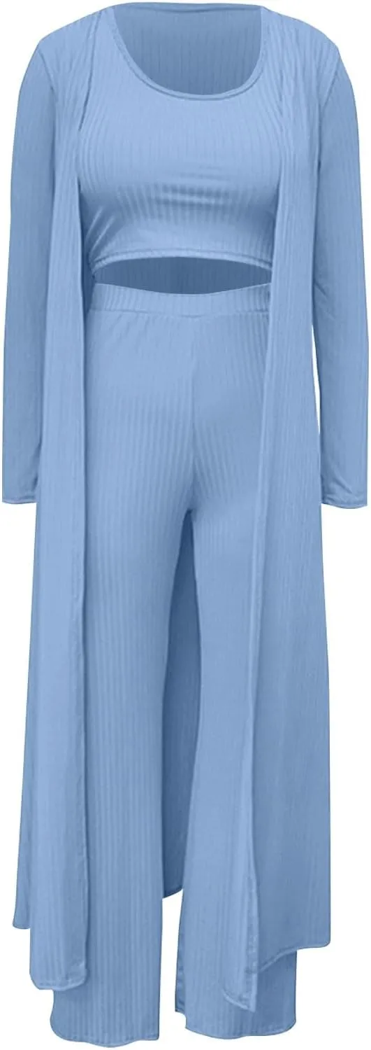 Women's 3 Piece Matching Set Ribbed Knit Lounge Sets Tank Cardigan and High Waist Pants Pajamas Loungewear Outfits