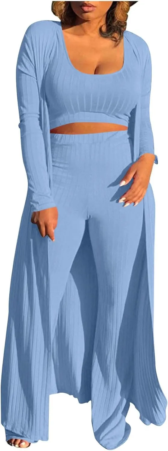 Women's 3 Piece Matching Set Ribbed Knit Lounge Sets Tank Cardigan and High Waist Pants Pajamas Loungewear Outfits