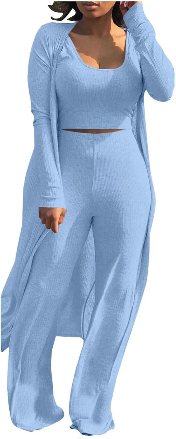 Women's 3 Piece Matching Set Ribbed Knit Lounge Sets Tank Cardigan and High Waist Pants Pajamas Loungewear Outfits