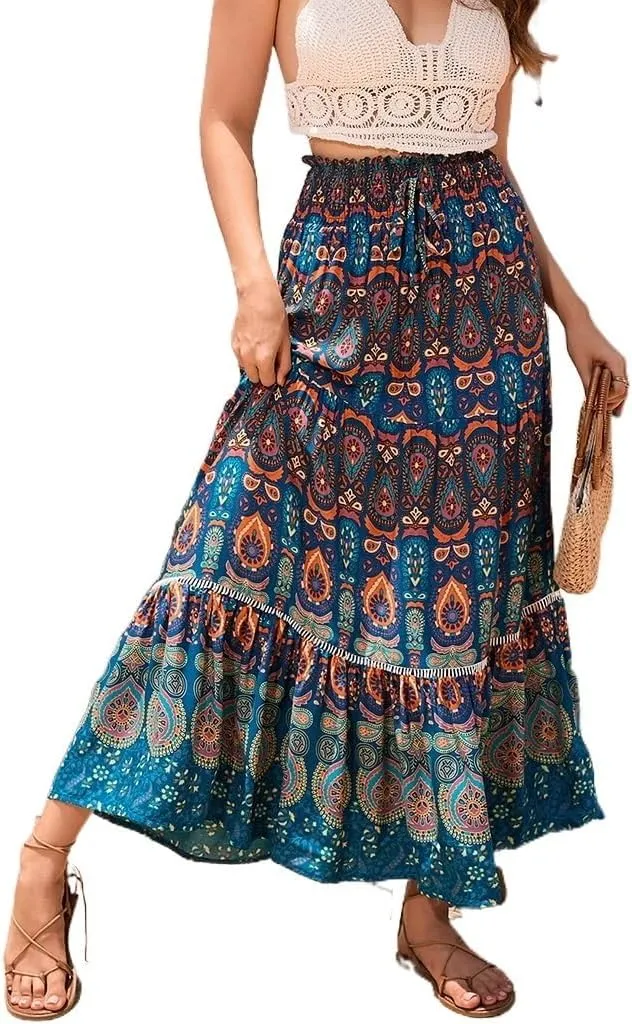 Women's Boho Elastic Waist Print Pleated Midi Skirt Ruffle High Waisted Casual Long Flowy a Line Skirts