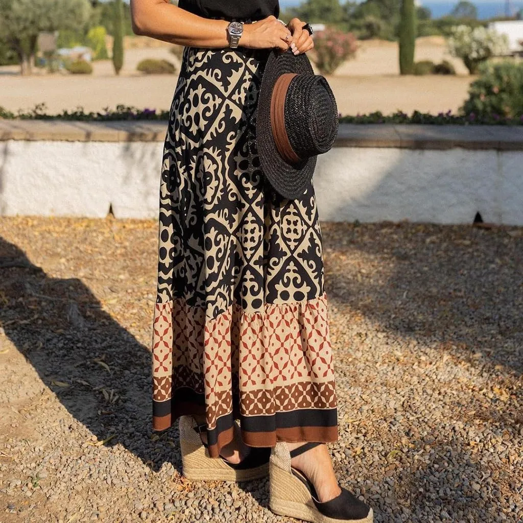 Womens Boho Floral Print High Waisted Midi Skirt Casual Summer Ruffle Hem Pleated Flowy Swing a Line Skirts