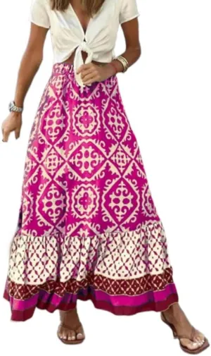 Womens Boho Floral Print High Waisted Midi Skirt Casual Summer Ruffle Hem Pleated Flowy Swing a Line Skirts