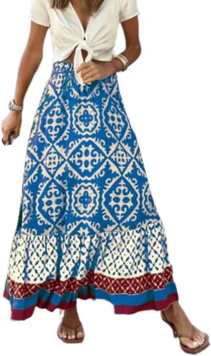 Womens Boho Floral Print High Waisted Midi Skirt Casual Summer Ruffle Hem Pleated Flowy Swing a Line Skirts