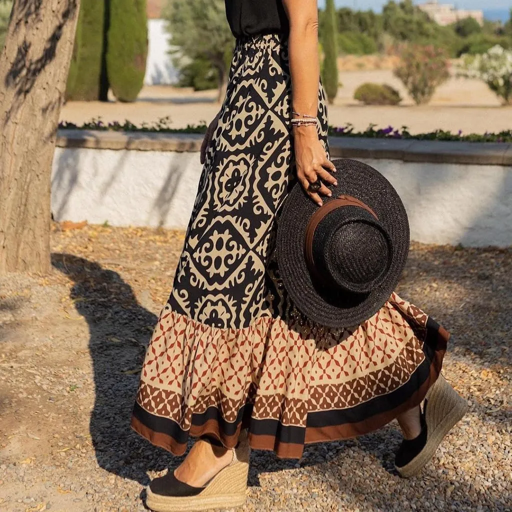 Womens Boho Floral Print High Waisted Midi Skirt Casual Summer Ruffle Hem Pleated Flowy Swing a Line Skirts