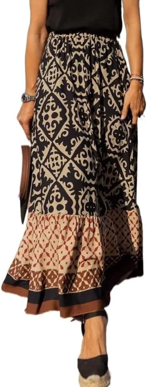 Womens Boho Floral Print High Waisted Midi Skirt Casual Summer Ruffle Hem Pleated Flowy Swing a Line Skirts