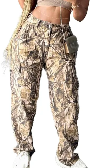 Women's Camo Cargo Pants High Waist Wide Leg Camouflage Army Fatigue Trousers with Pockets Sweatpants