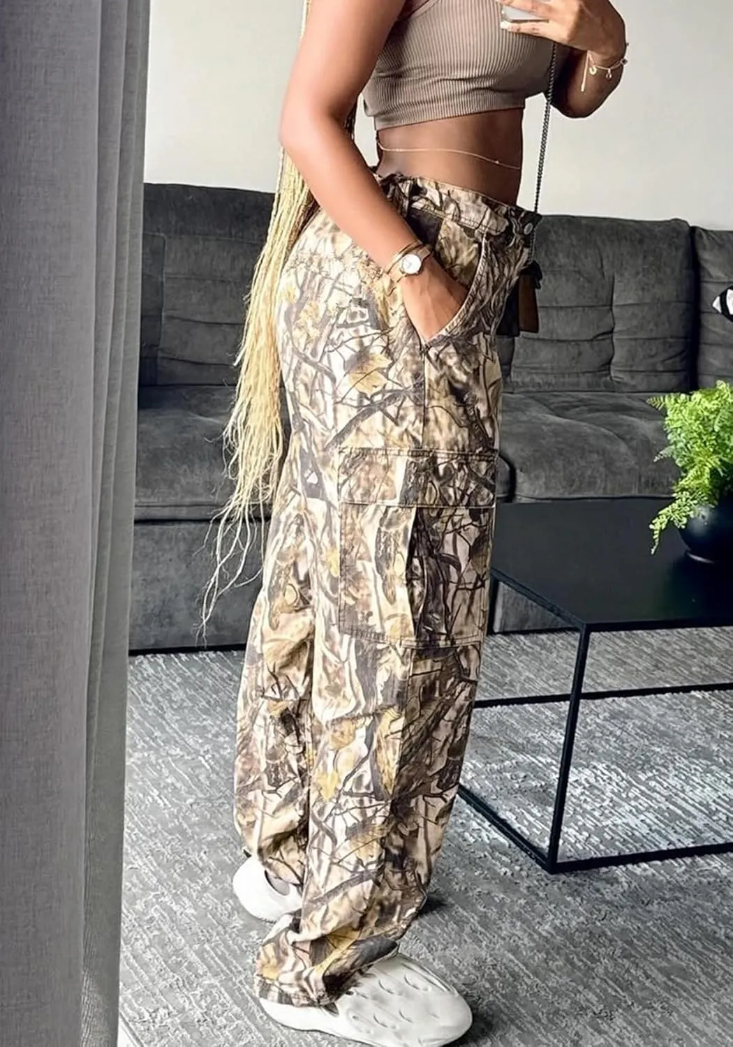 Women's Camo Cargo Pants High Waist Wide Leg Camouflage Army Fatigue Trousers with Pockets Sweatpants