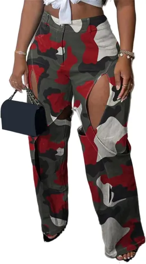 Women's Camo Cargo Pants High Waist Y2K Baggy Cut Out Straight Leg Casual Trousers Streetwear