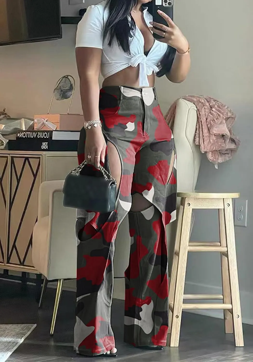 Women's Camo Cargo Pants High Waist Y2K Baggy Cut Out Straight Leg Casual Trousers Streetwear