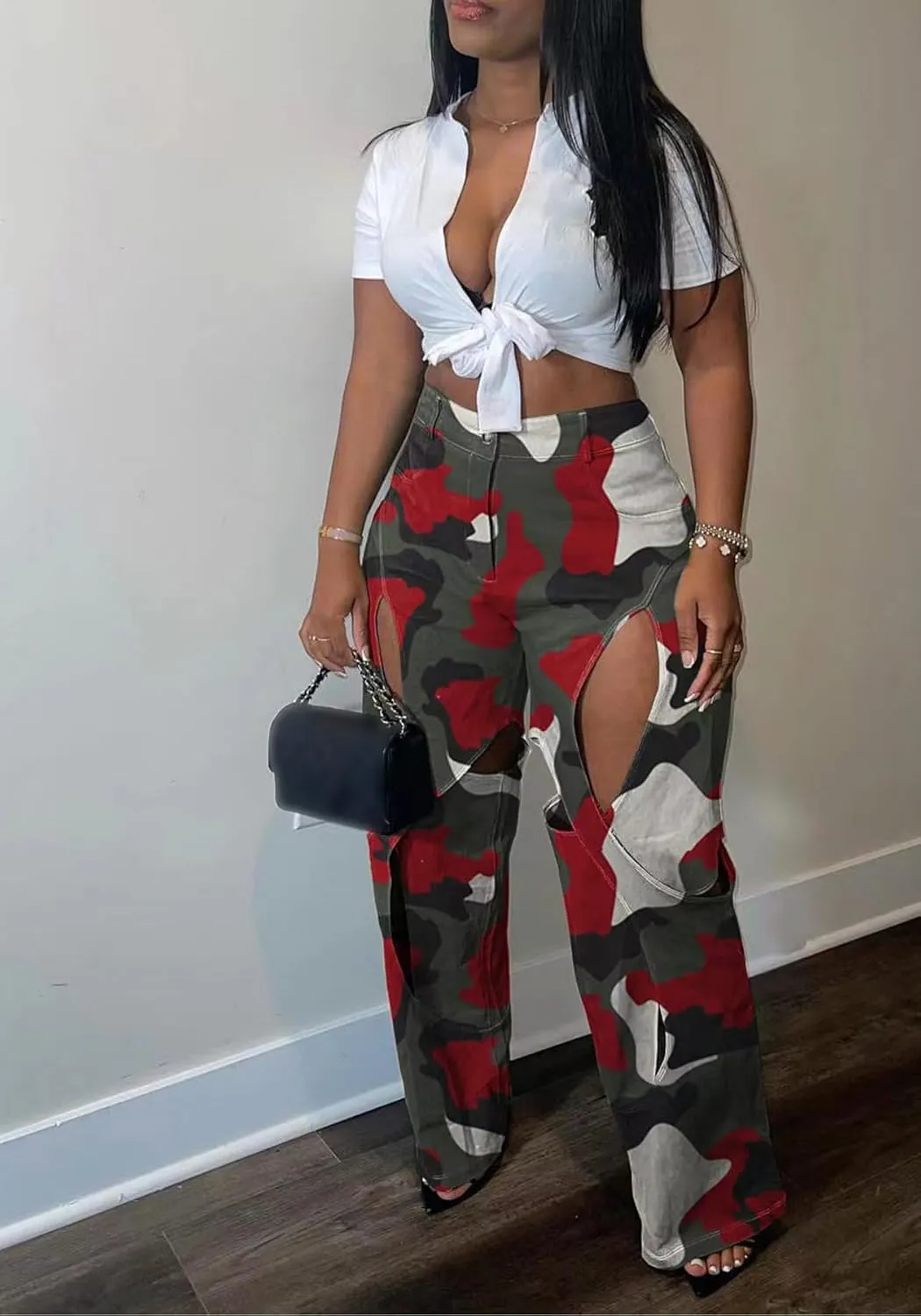 Women's Camo Cargo Pants High Waist Y2K Baggy Cut Out Straight Leg Casual Trousers Streetwear
